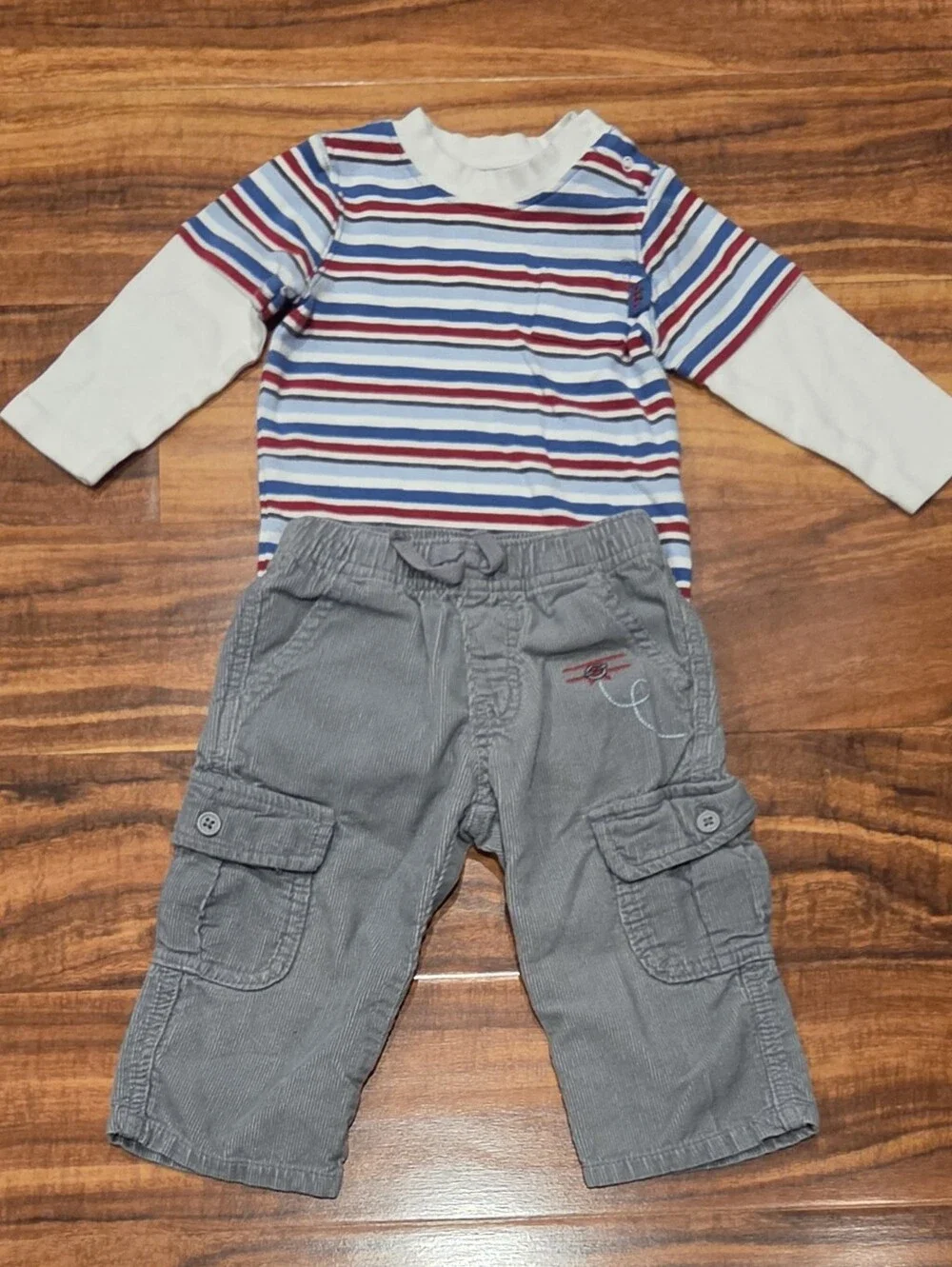 Gymboree EUC 18-24 Blue/Red Striped Bodysuit, Corduroy Pants & Airplane Sweater